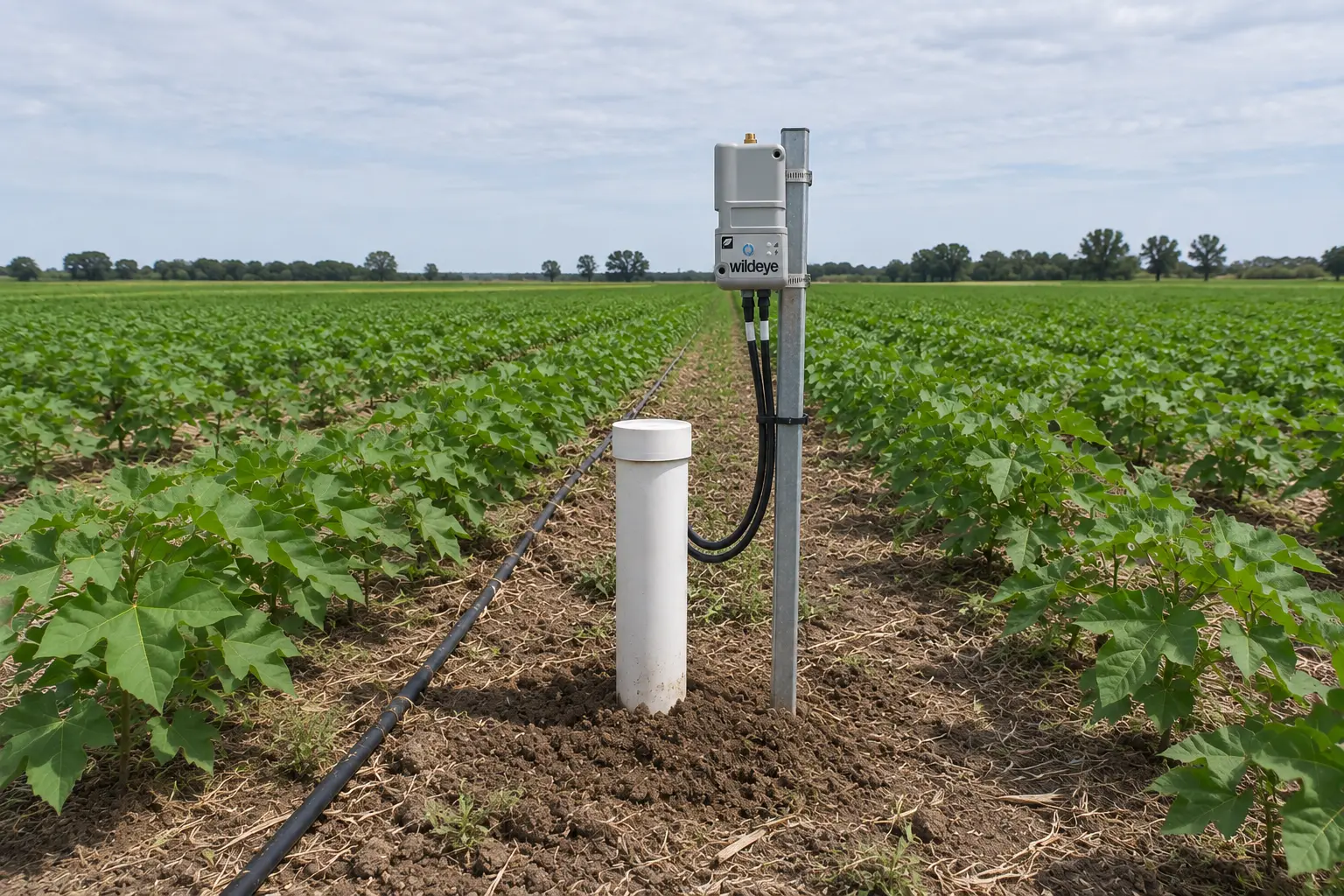 A Wildeye logger mounted on a steel post beside a soil-probe access tube, in a cotton crop with drip line running between the rows.